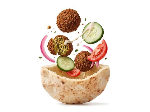 Open Pita Pocket with Floating Falafel, Fresh Vegetables, and Tahini Sauce on White Backgroun