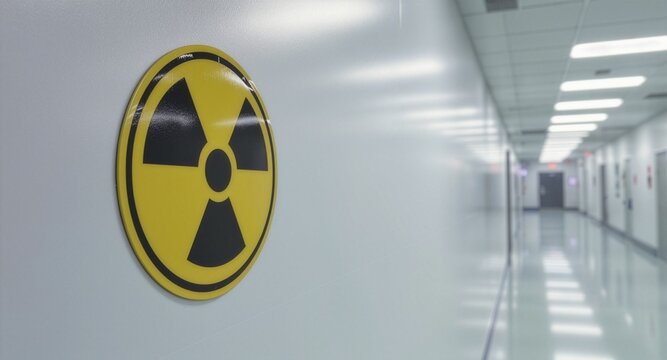 Yellow and black radioactive warning symbol sign on a clean white wall of a bright long hospital or laboratory corridor, representing nuclear hazard, radiation safety control, and danger zone.