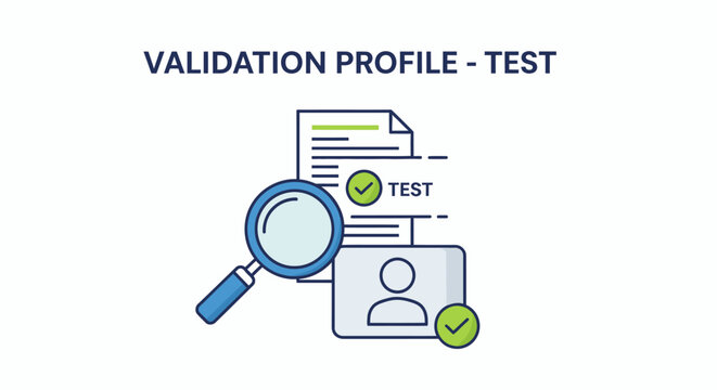 Flat vector illustration of profile validation test with document, ID card, and magnifying glass. Concept for data verification, quality check, and security review.
