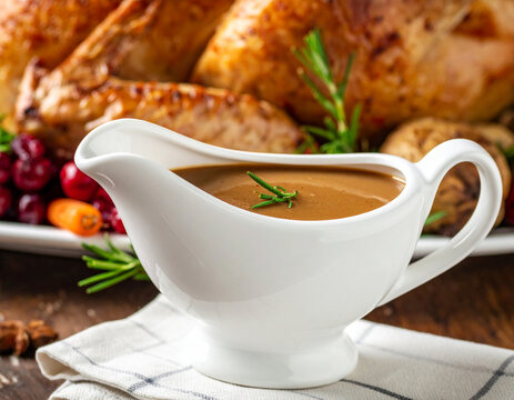 Homemade gravy in a white gravy boat, Thanksgiving holiday dinner table, closeup. AI