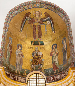 Salernoo -  The mosaic of St. Michael and saints in the apse of Cathedral of St. Matthew by workroom from Ravenna (1950 - 1950).