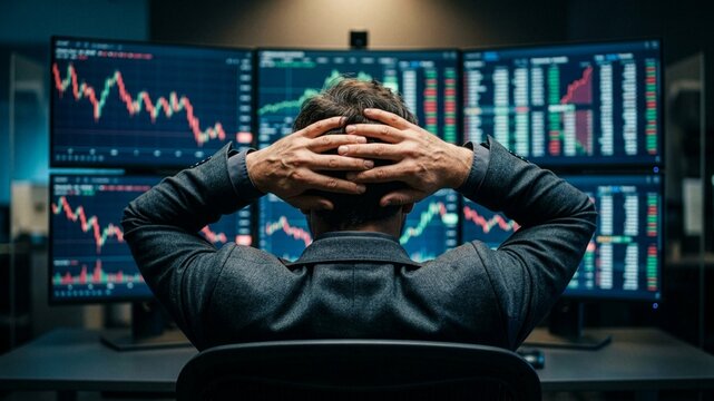 Back view of a stressed male trader holding his head while looking at multiple computer monitors showing crashing stock charts, representing financial loss, market crisis, and high business anxiety.
