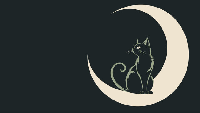 Black Cat Sitting on Crescent Moon &ndash; Minimal Halloween Silhouette Vector Illustration