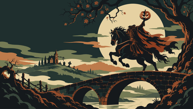 Headless Horseman Riding Black Horse Under Full Moon &ndash; Gothic Halloween Fantasy