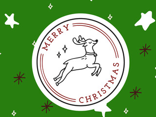Merry Christmas circular badge with leaping reindeer line art icon on green starry background. © primitif