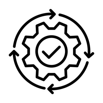 Gear with check mark and reload arrows process complete icon