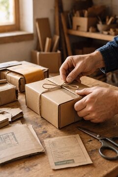 Hands carefully packing a small ecommerce order with kraft paper, recyclable packaging and twine, authentic workspace, sustainability concept