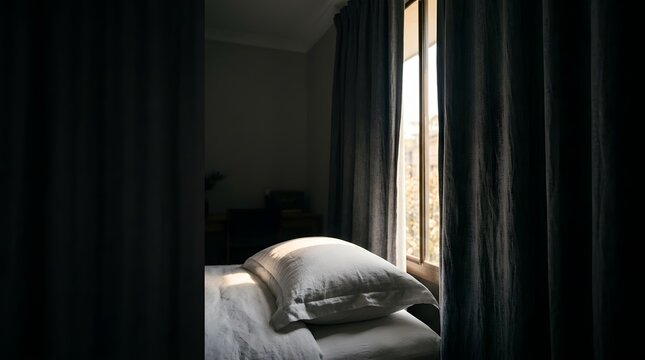 Sunlight shining on a linen bed pillow next to dark curtains in a room