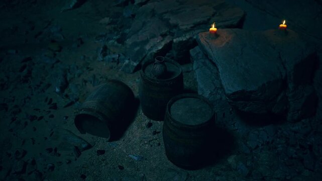 In a shadowy environment, two flickering candles create a warm glow next to rustic barrels. The rocky ground hints at a forgotten place, evoking curiosity about its history.