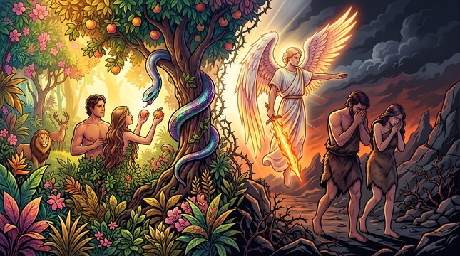 Biblical Vector Illustration of Adam and Eve Expelled from Garden of Eden, Serpent Deceiving Eve with Forbidden Fruit, Split Composition