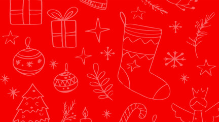 Festive christmas doodles pattern featuring gifts and ornaments on a vibrant red seasonal holiday celebration © Resmi