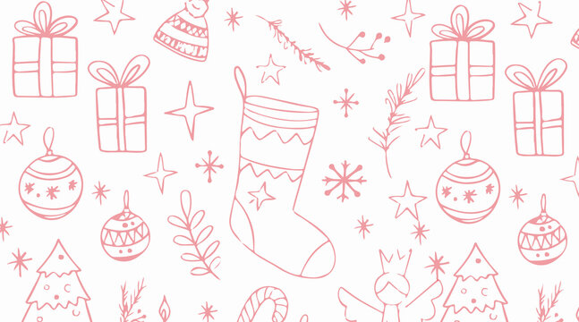 Cute hand drawn pink christmas holiday pattern with gift boxes ornaments and seasonal festive winter motifs
