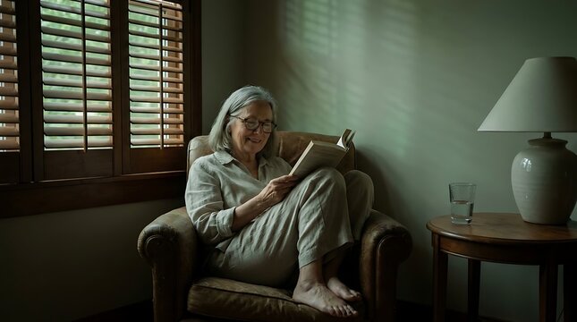 An elderly woman wearing glasses reads a book while relaxing in a comfortable armchair.