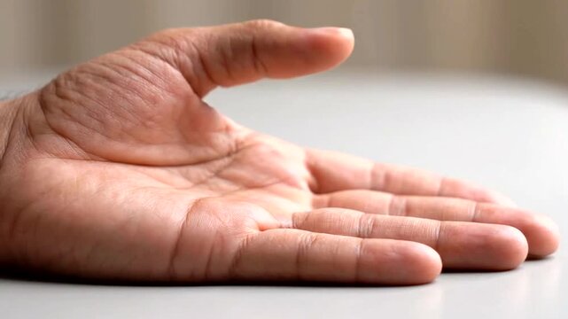 Human hand showing trigger finger deformity with flexed thumb resting on palm on white surface