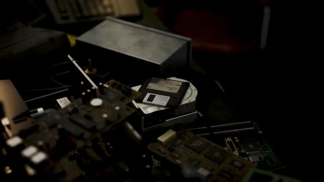 In a dusty workshop, old circuit boards and a vintage floppy disk capture the essence of forgotten technology. The atmosphere is filled with nostalgia and memories of past innovations.