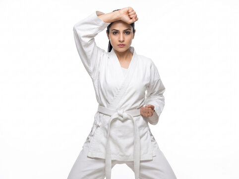 Indian Female Martial Artist Performing Karate High Block in White Uniform on White Background