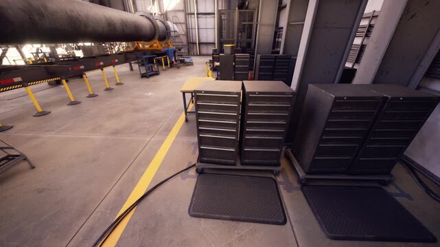 In a well organized industrial workspace, metal cabinets sit neatly arranged alongside work tables. The ambient light highlights the clean lines of equipment and tools in use.