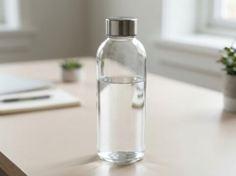 Clear glass water bottle on a table