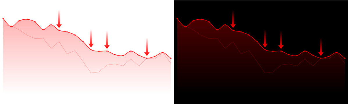 Financial graph stock market trading curve chart vector illustration showing bearish downtrend with red arrows in light and dark mode isolated on transparent background