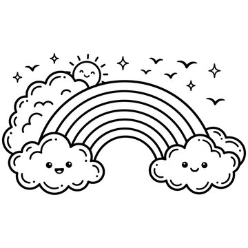Cute Kawaii Rainbow with Smiling Clouds and Sun Outline.