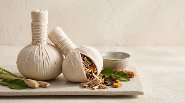 Thai herbal compress balls with dried herbs on stone tray spa