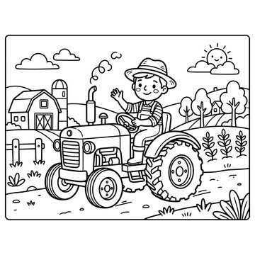 Coloring Page Featuring A Happy Young Farmer Driving A Tractor On A Farm.