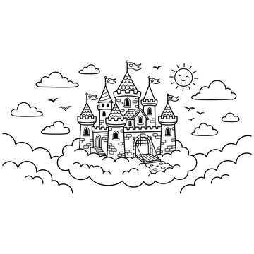 Doodle illustration of a magical fairytale castle floating on clouds.