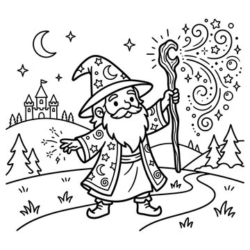 Cute Wizard Casting Magic Spell Coloring Page for Kids.