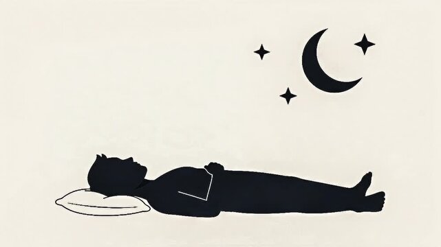 Minimalist illustration of a person sleeping peacefully under the moon and stars at night