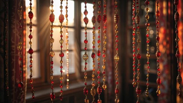 Bead strands hang across a sunlit window in an indoor room during the day