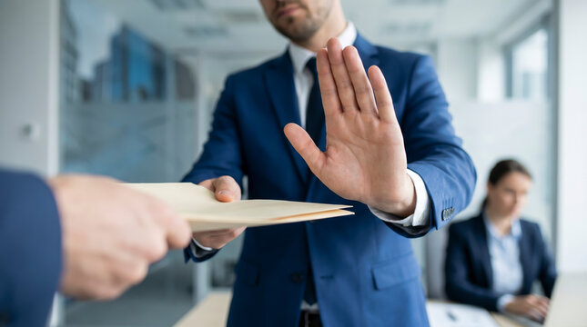 Corporate executive declines paper envelope while raising open palm in warning gesture. Resolute professional refuses questionable package across modern desk, demonstrating ethical workplace conduct.