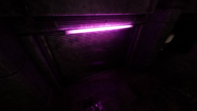 A vibrant purple neon light shines brightly over a closed metal shutter door inside a dark hallway during the night.