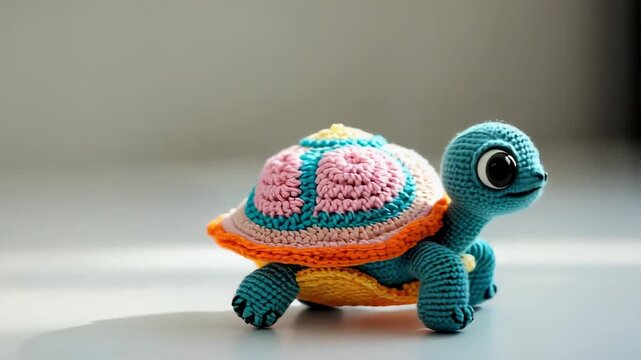 Crocheted blue turtle toy with a colorful shell on a tabletop indoors