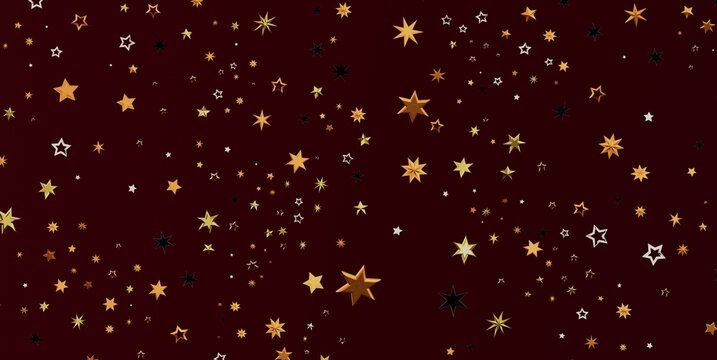 A decorative pattern of sparkling gold, white, and dark stars on a deep red background.