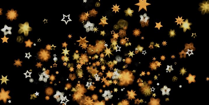 Sparkling gold and white stars with bokeh effect create a magical background.