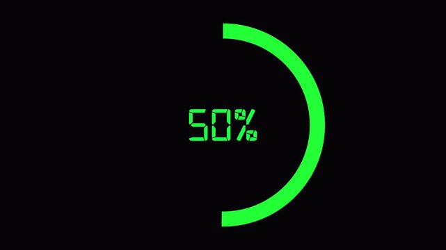 Green circular progress bar loading animation 0 to 100 percent on black background