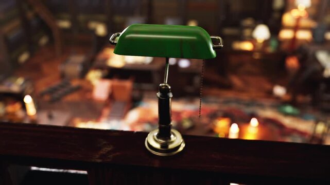 Vintage desk lamp with a glass shade stands on a railing in a warm library at night while soft light glows from a blurred space below to create a quiet and studious mood for late evening reading tasks
