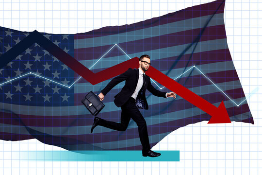Full 3d image poster banner collage of serious businessman run america flag embargo dollar collapse inflation economy fail