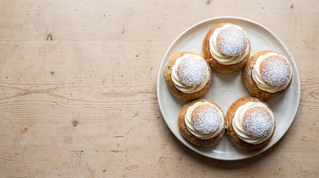 Swedish semla cardamom buns with almond paste and whipped cream, top view with copy space