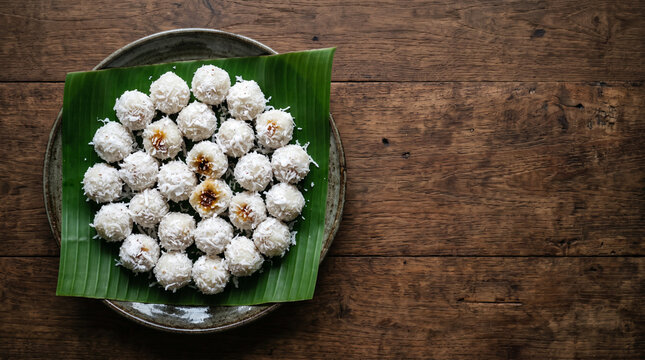 Myanmar mont lone yay paw coconut rice balls for Thingyan water festival, top view with copy space