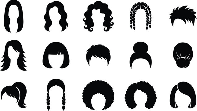 Set of black silhouette icons representing various female hairstyles and haircuts