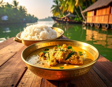 Kerala Fish Curry in Brass Bowl with Rice on Houseboat Deck in Backwaters