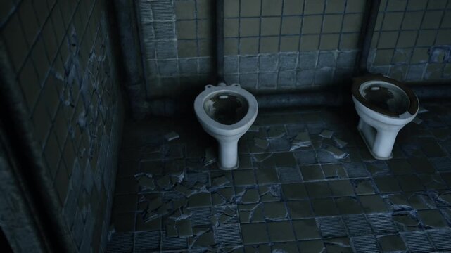 Dirty public washroom space featuring two porcelain bowls and damaged gray floor tiles illuminated by dim light within an abandoned building during the late evening period