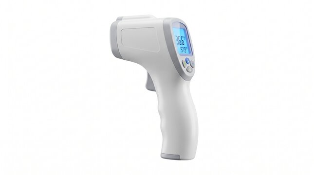 Modern white digital infrared forehead thermometer with blue LCD screen isolated on white background