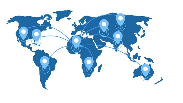 World map silhouette with location pins connected by curved lines indicating global network communication