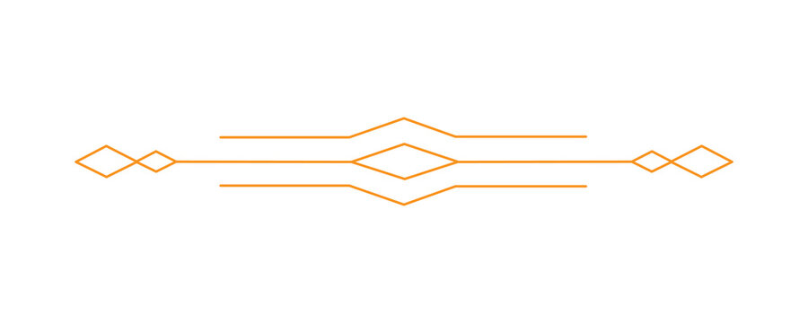 Orange ornate line divider with diamond and parallel lines for vintage design on transparent background.