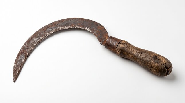Old rusty sickle with a wooden handle on a white background