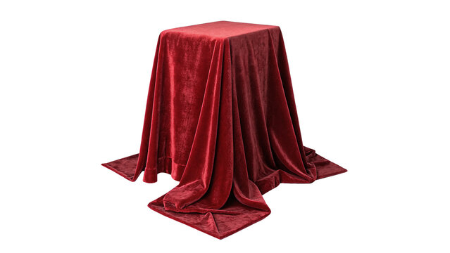 Elegant dark red velvet cloth drapery covering a square table furniture element isolated on transparent background.