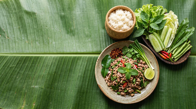 Isan larb ped duck salad with sticky rice and vegetables, top view with copy space