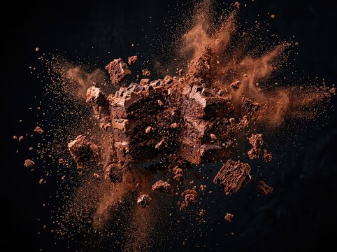 A dramatic explosion of a double chocolate cake fills the air, sending countless moist crumbs and fine cocoa powder flying against a dark background, sweet, baking, double chocolate